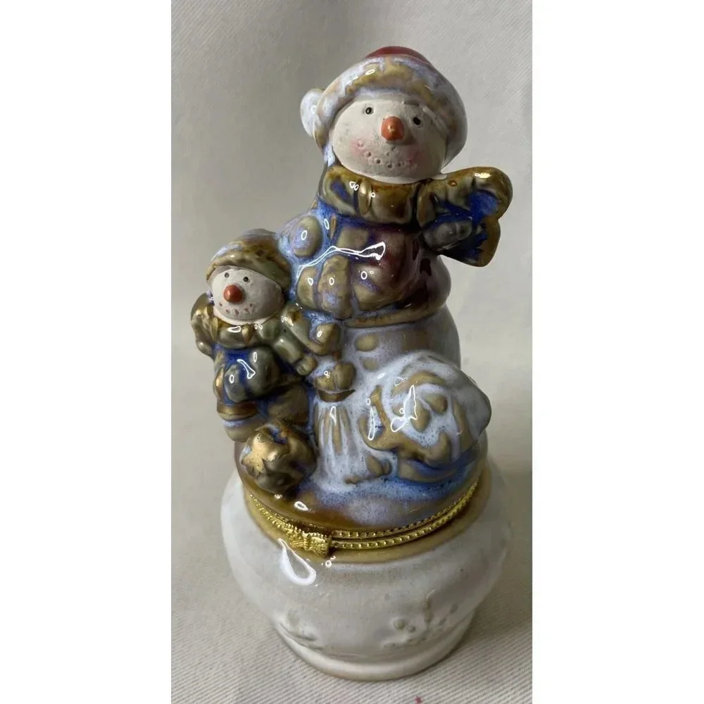 Ceramic Snowman Hinged Keepsake Trinket‎ Box Kirklands Potters Garden Christmas